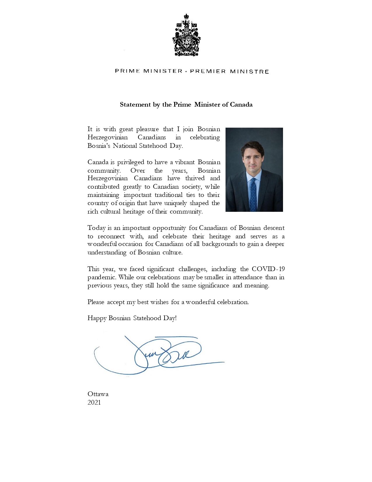 Read more about the article The Prime Minister of Canada Justin Trudeau paid tribute to the state of Bosnia and Herzegovina