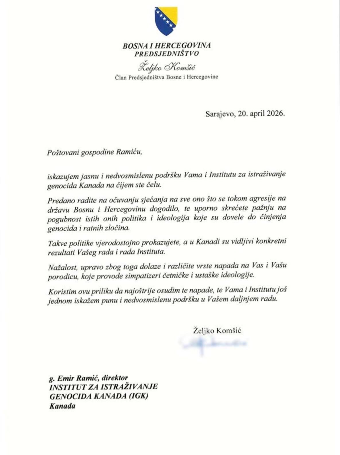 Read more about the article PODRŠKA ČLANA PREDSJEDNIŠTVA BOSNE I HERCEGOVINE ŽELJKA KOMŠIĆA RADU INSTITUTA ZA ISTRAŽIVANJE GENOCIDA KANADA I EMIRU RAMIĆU