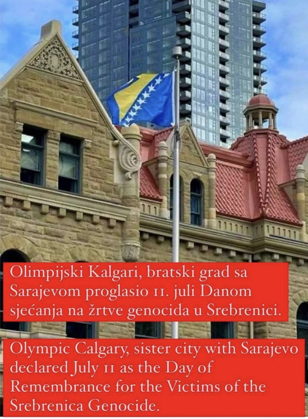 You are currently viewing Kanadski olimpijski grad Kalgari proglasio 11. Juli 2026. Danom sjećanja na žrtve genocida u Srebrenici.