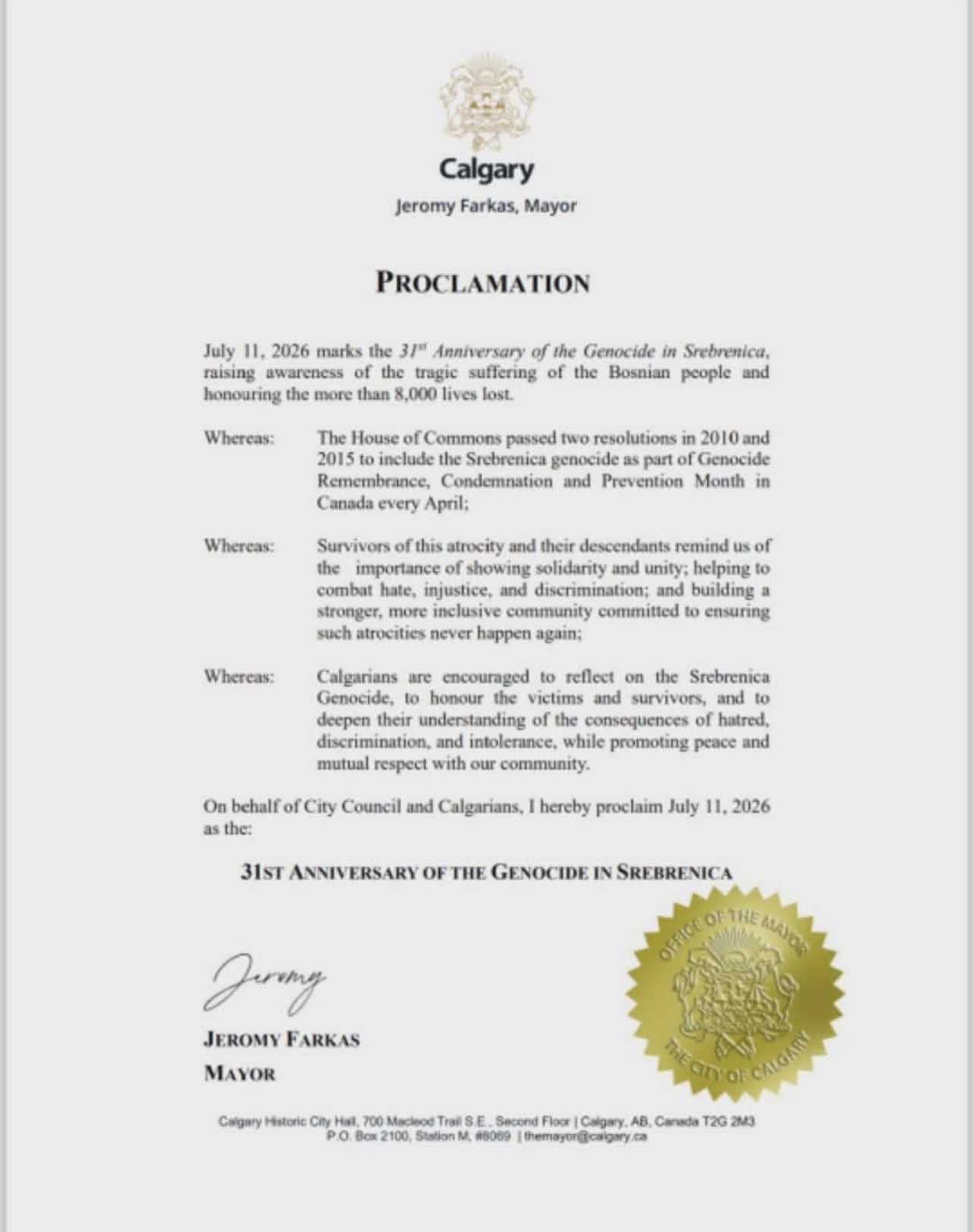 Read more about the article Calgary Declares July 11, 2026 as Day of Remembrance for Victims of the Srebrenica Genocide