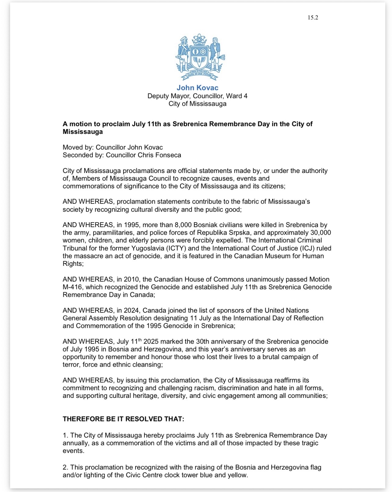 Read more about the article Canadian City of Mississauga unanimously adopted a Resolution on the Genocide in Srebrenica