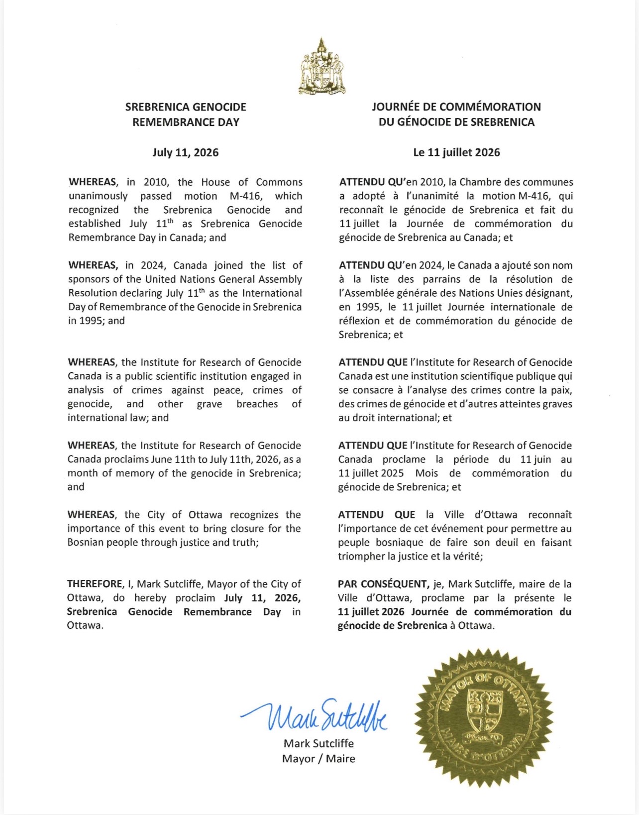 Read more about the article Canada’s Capital Proclaims July 11th as Srebrenica Genocide Remembrance